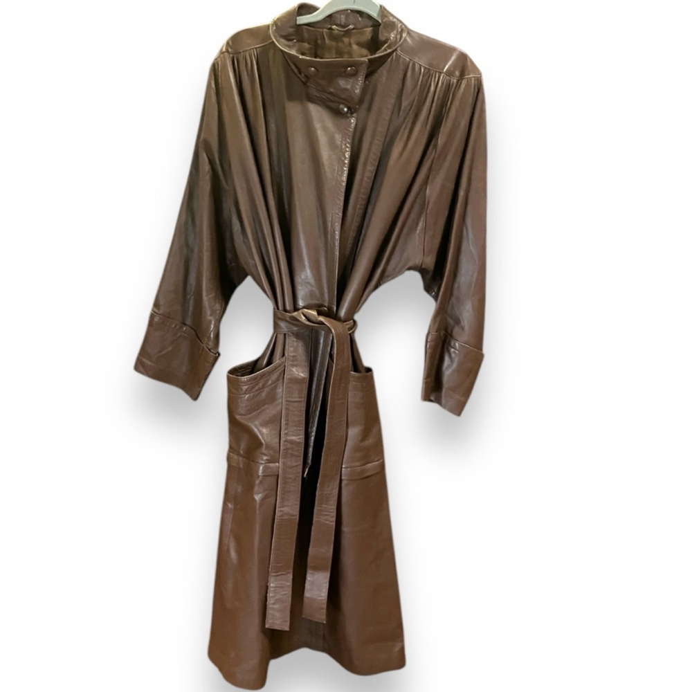 Vera Pelle Lined Leather Coat Brown Convertible Belted Size 3X - Picture 2 of 13